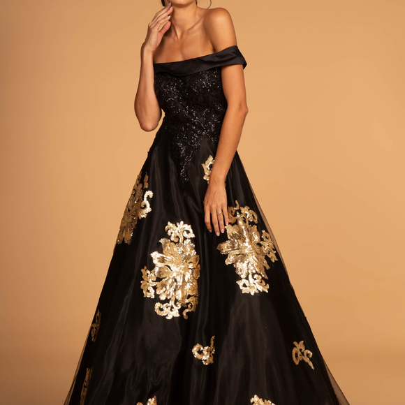 Gls Collective Dresses & Skirts - NEW BLACK/GOLD Off Shoulder Seqined A-Line Long Dress GL2542